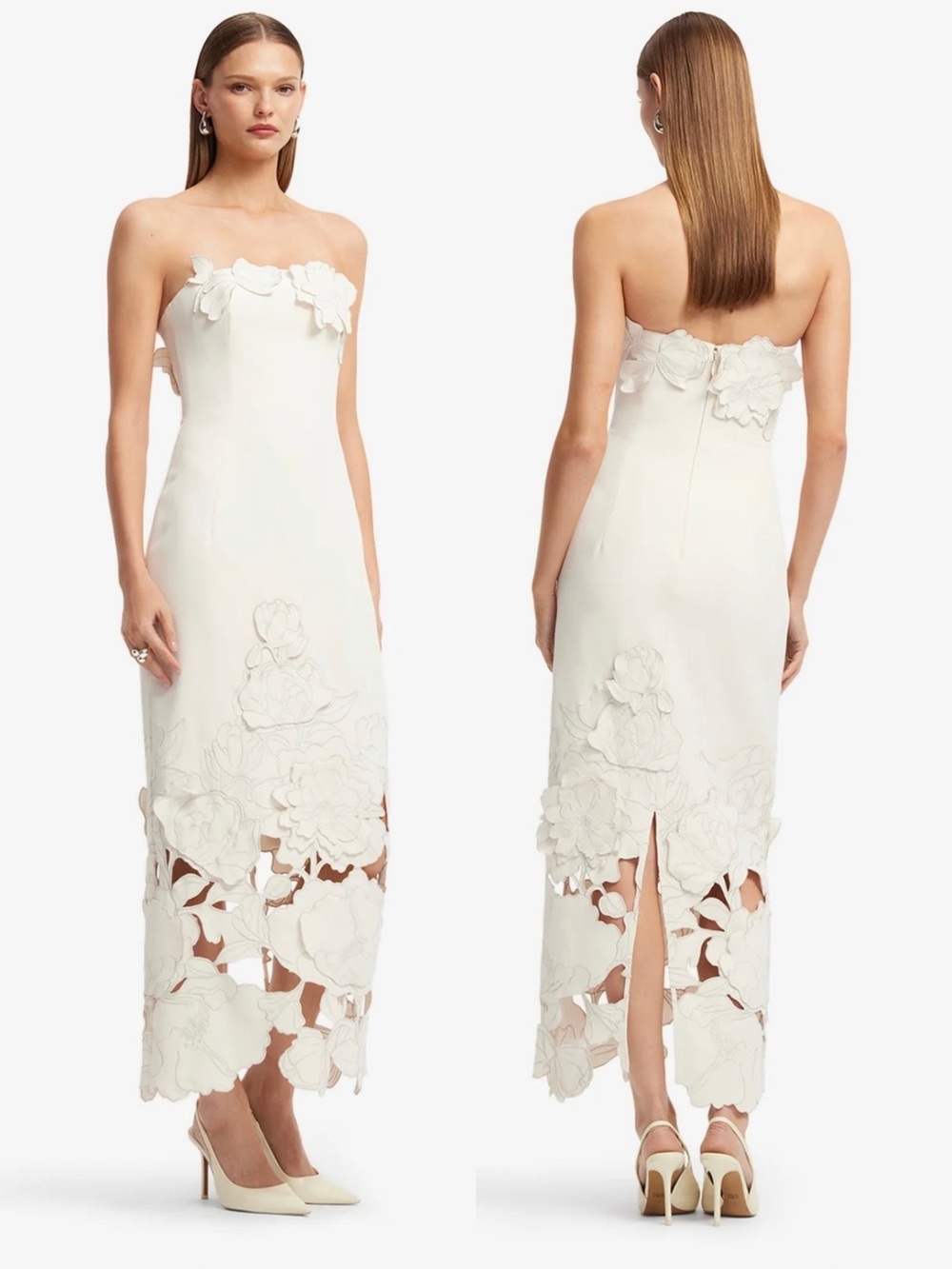 NWT Leo Lin Rayna Appliqué Bustier Maxi Dress Beige Strapless 4 Vanilla Bridal